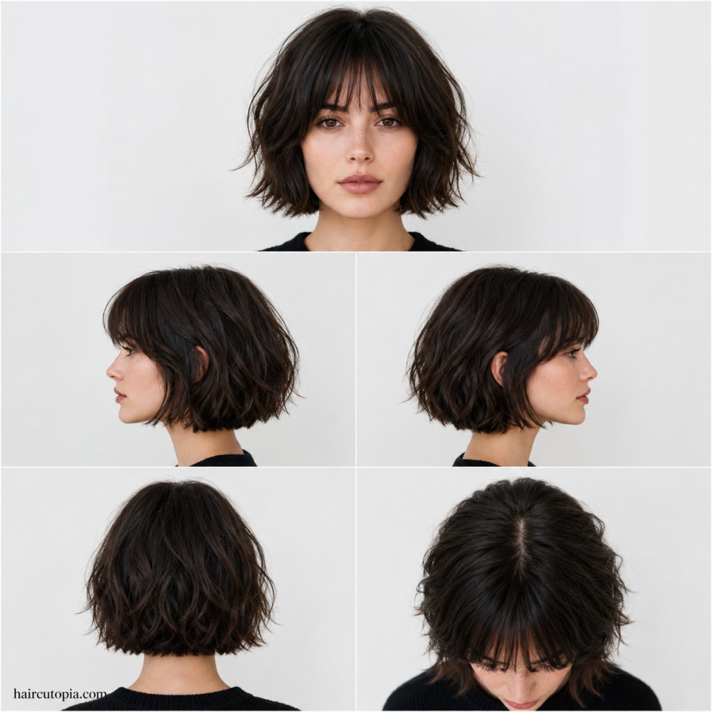 French bob for thick hair shown from the front, left side, right side, back, and top views