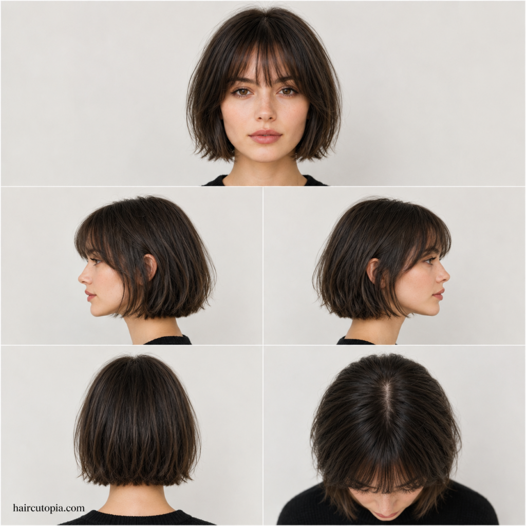 French bob for thin hair shown from the front, left side, right side, back, and top views