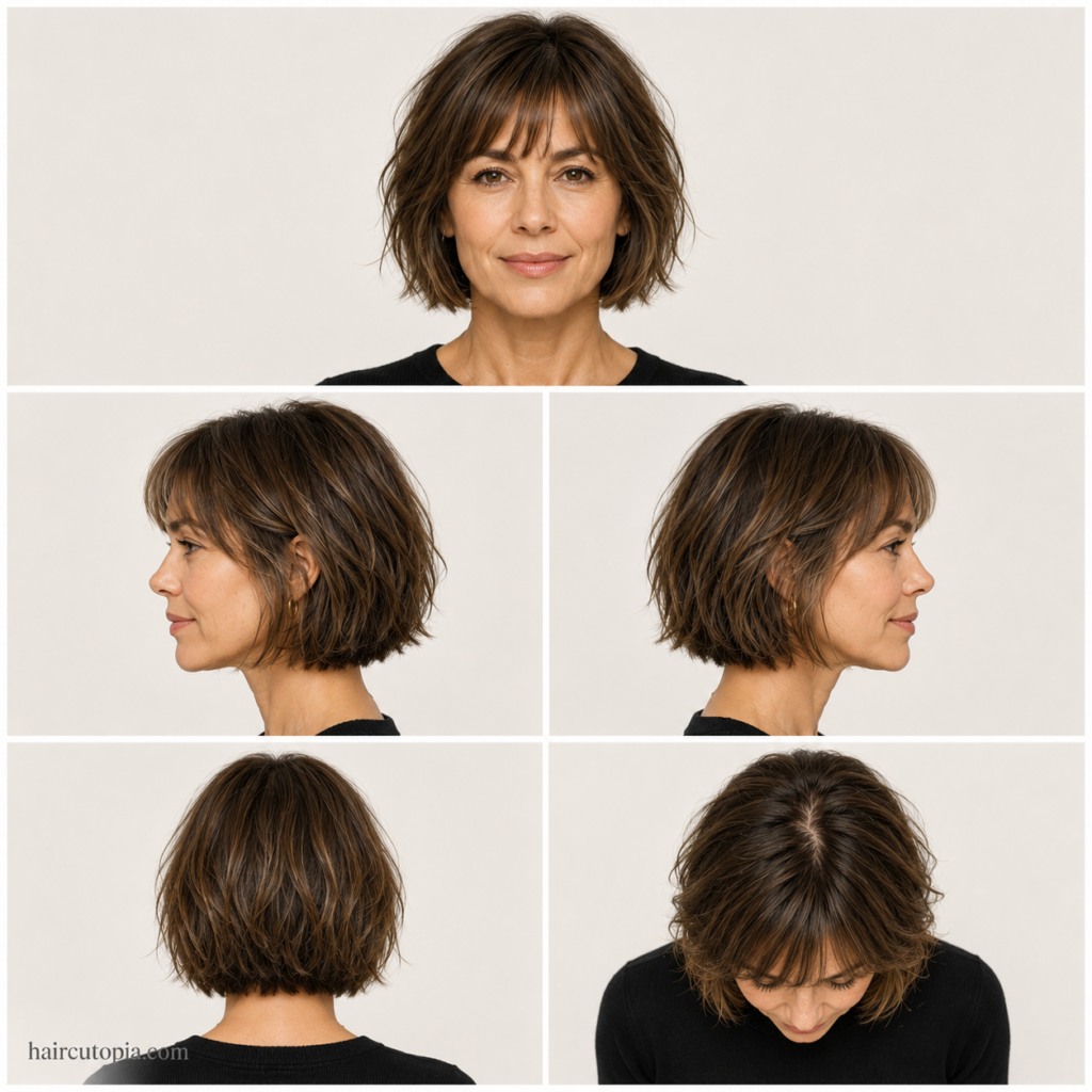 French bob haircut for women over 40 shown from front, side, back, and top views