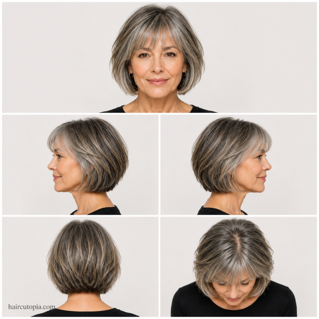 French bob haircut for women over 50 shown from front, side, back, and top views