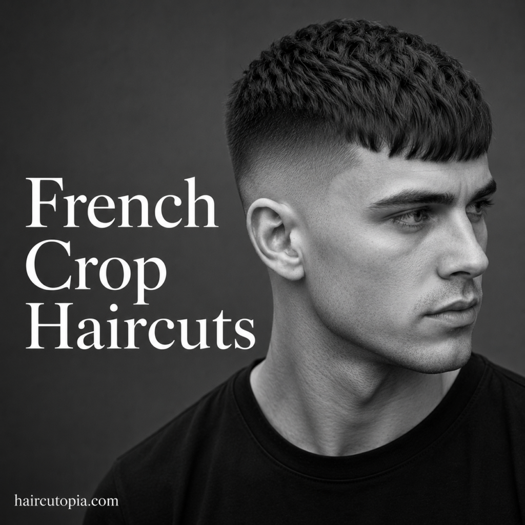 Modern French crop haircut with a textured fringe and clean faded sides in a black and white editorial portrait.