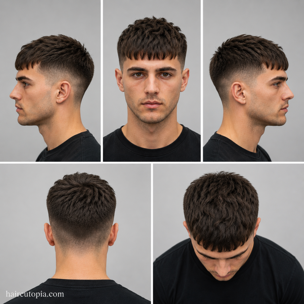 Five-angle collage of a modern French crop haircut showing the front, left side, right side, back, and top views with a textured fringe and low fade.