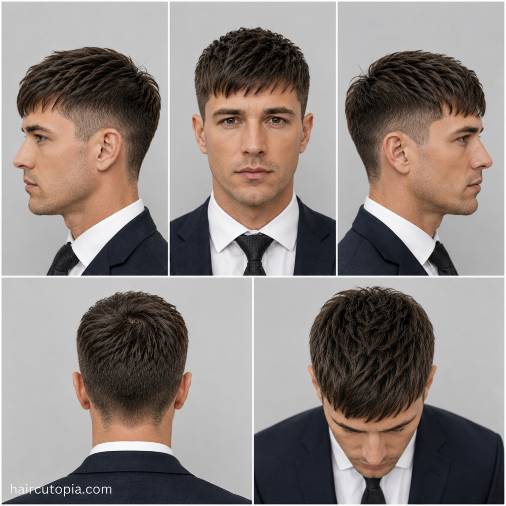Five-view collage of a professional textured fringe haircut showing the front, left side, right side, back, and top views on a businessman.