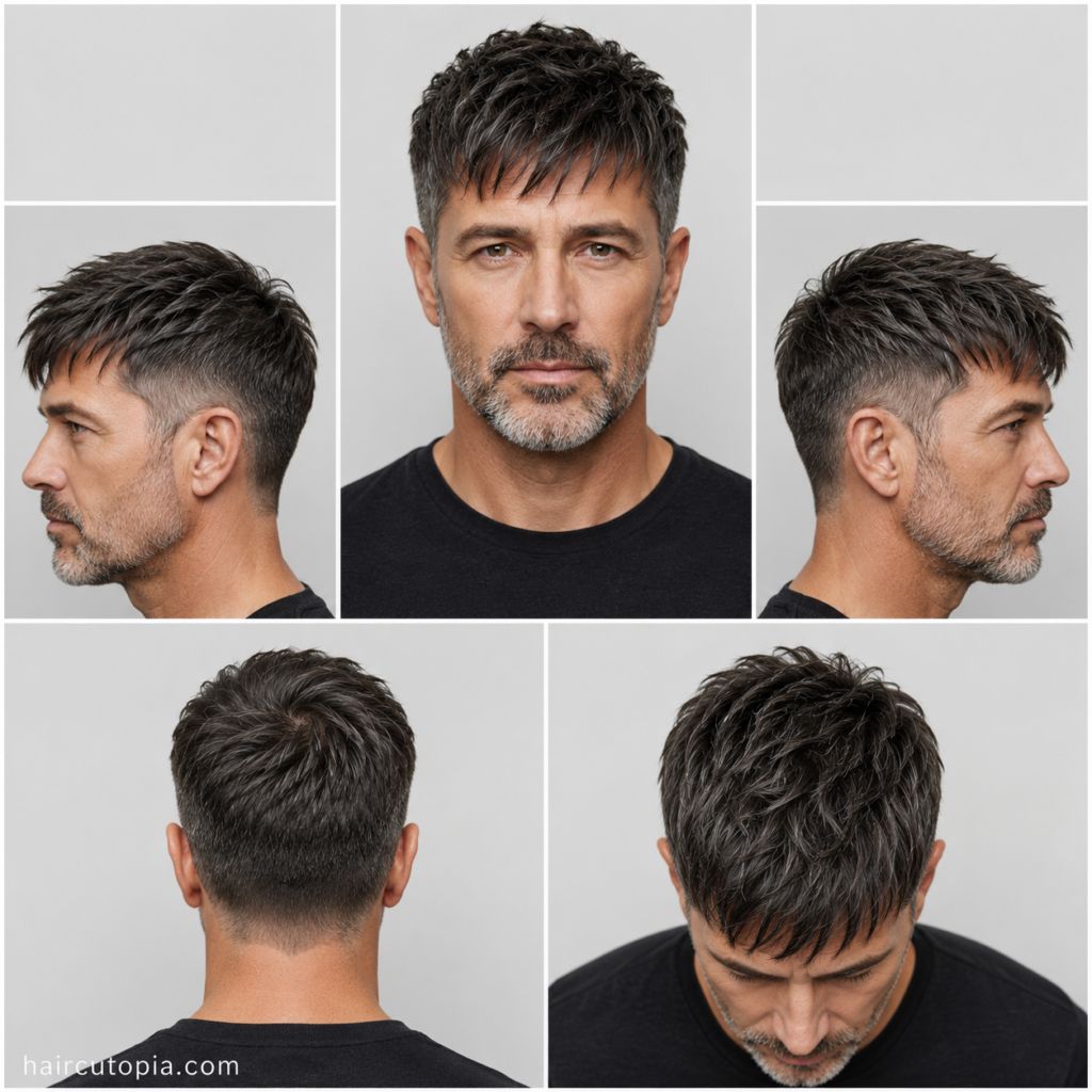 Five-view collage of a textured fringe haircut for a man over 40 showing the front, left side, right side, back, and top views.