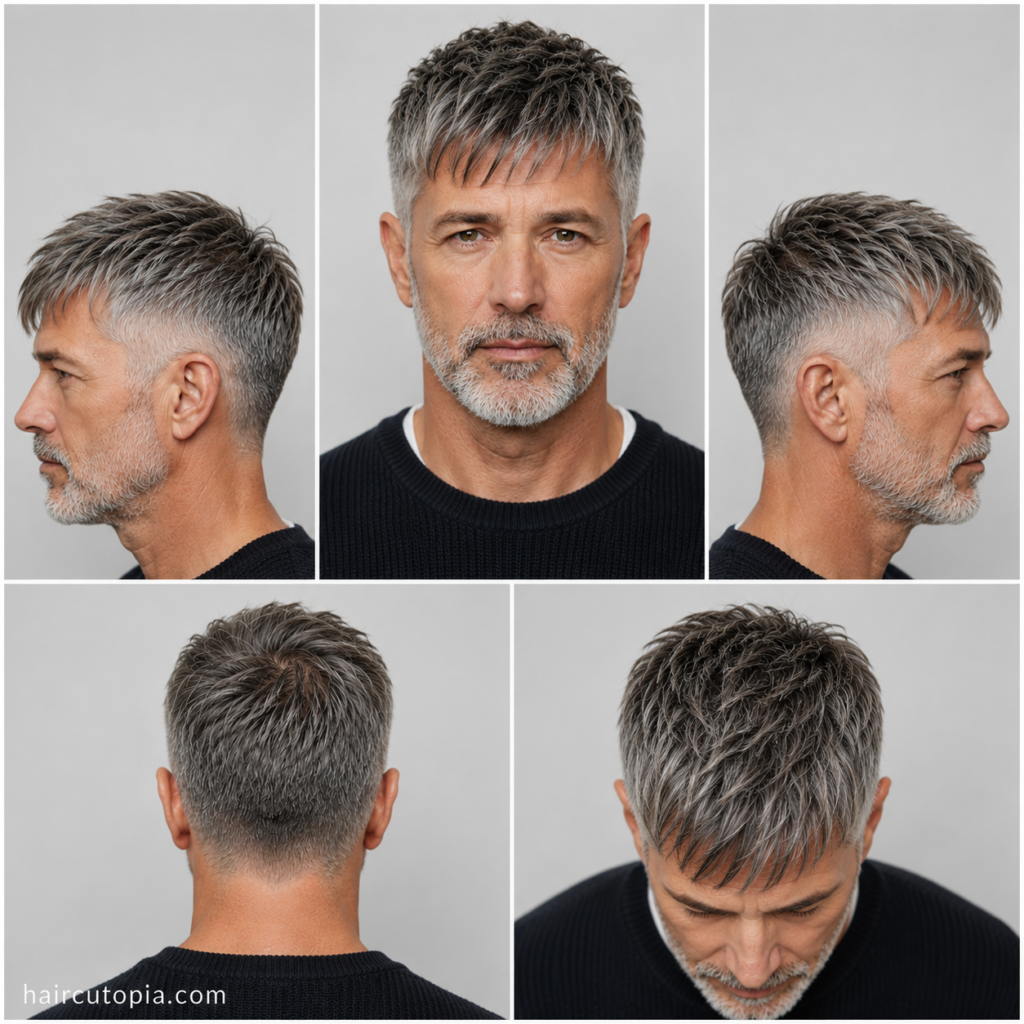 Five-view collage of a textured fringe haircut for a man over 50 showing the front, left side, right side, back, and top views.