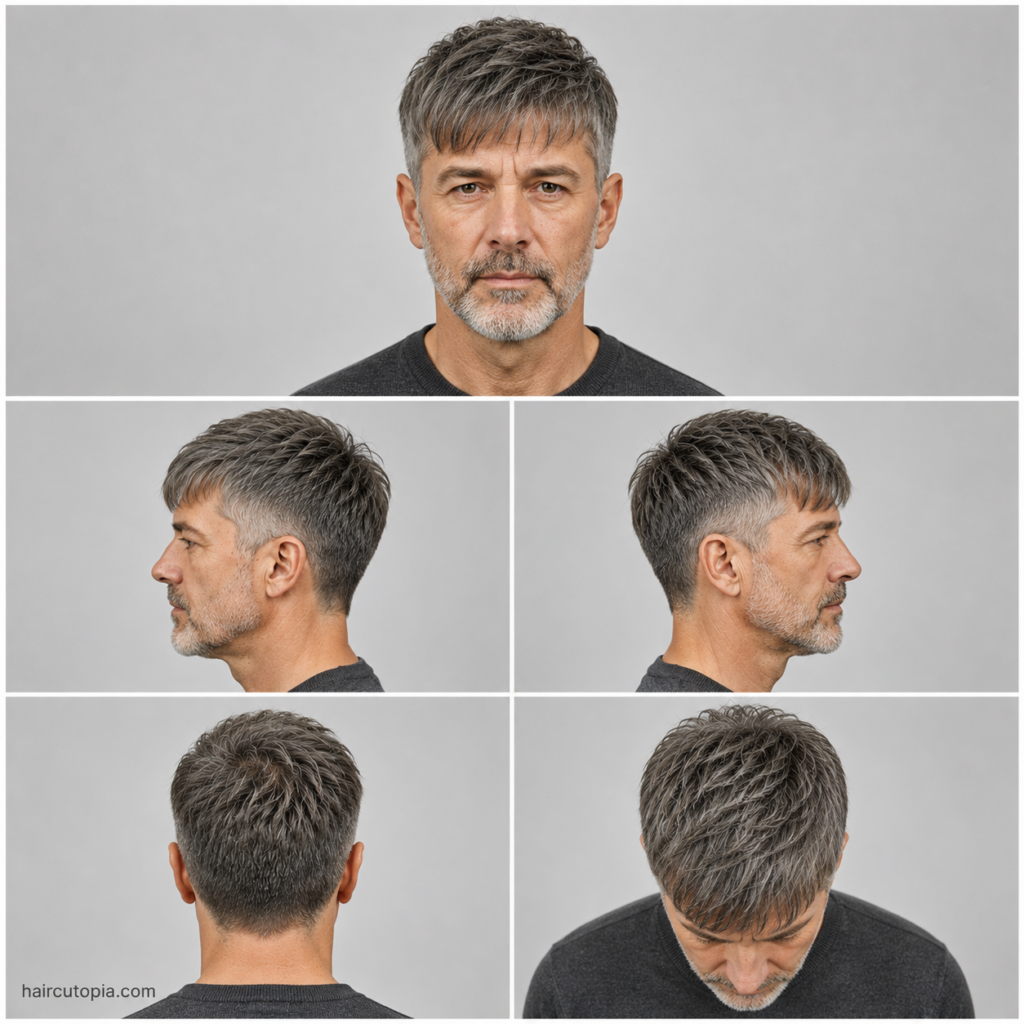 Five-view collage of an older man's fringe haircut showing the front, left side, right side, back, and top views with textured gray hair and clean tapered sides.