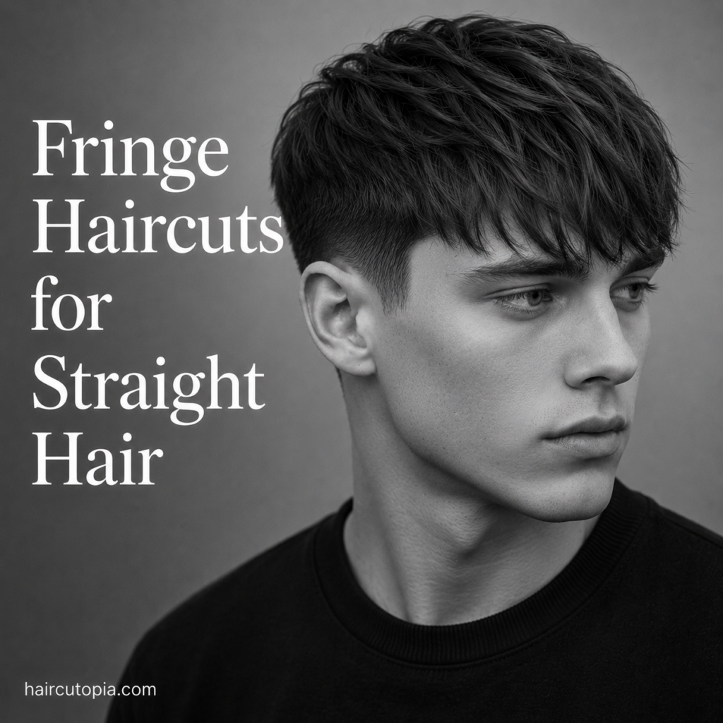 Man with a modern straight fringe haircut in a black-and-white editorial portrait showcasing clean texture and a contemporary fade.