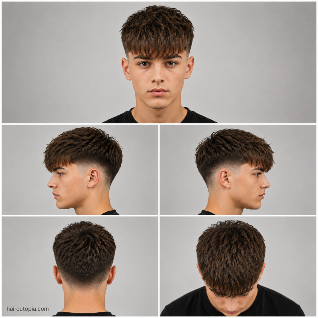 Five-view collage of a teen boy's fringe haircut showing the front, left side, right side, back, and top views with a textured fringe and clean taper fade.