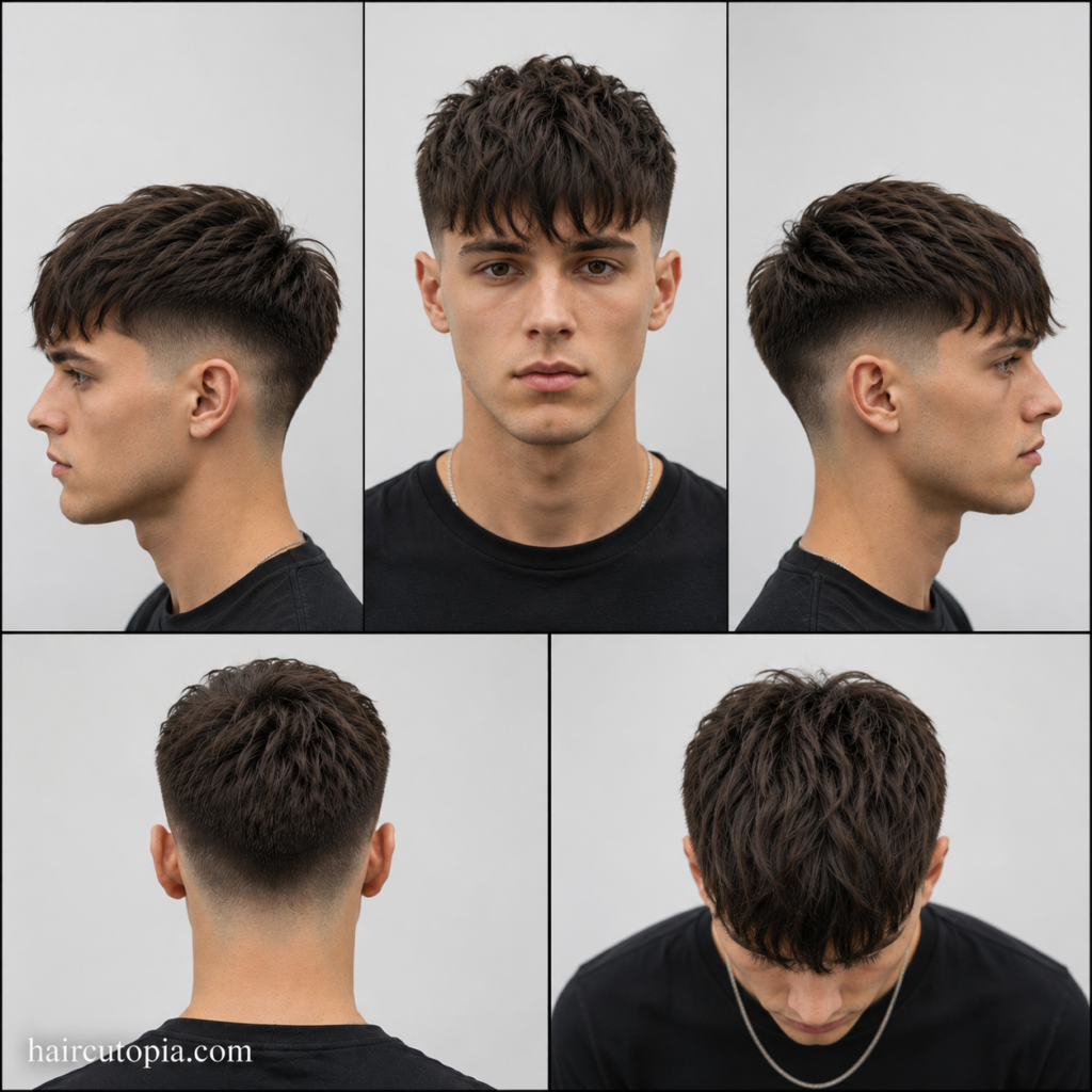 Five-view collage of a modern fringe haircut showing the front, left side, right side, back, and top views with a textured fringe and low fade.