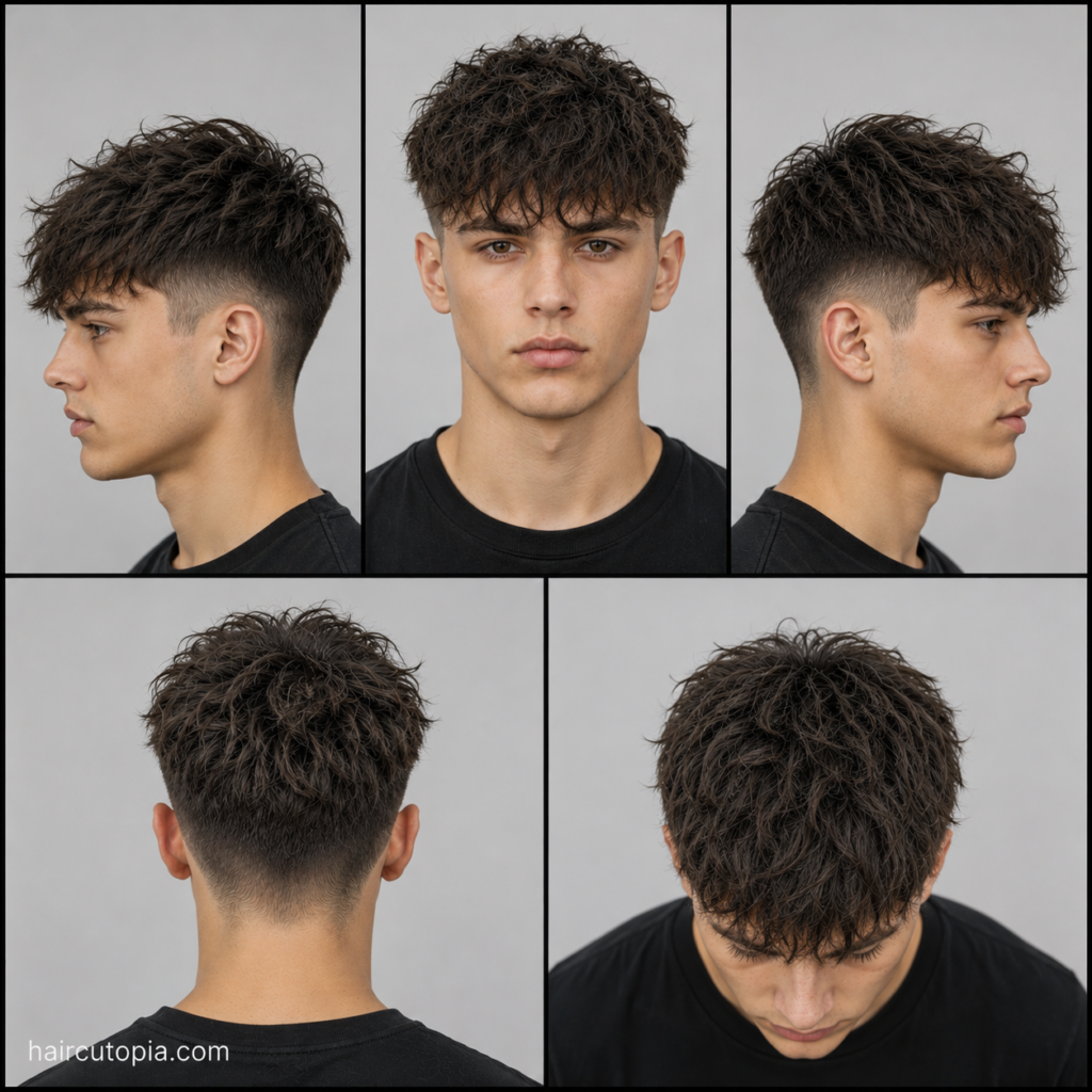 Five-view collage of a modern fringe haircut for frizzy hair showing the front, left side, right side, back, and top views.