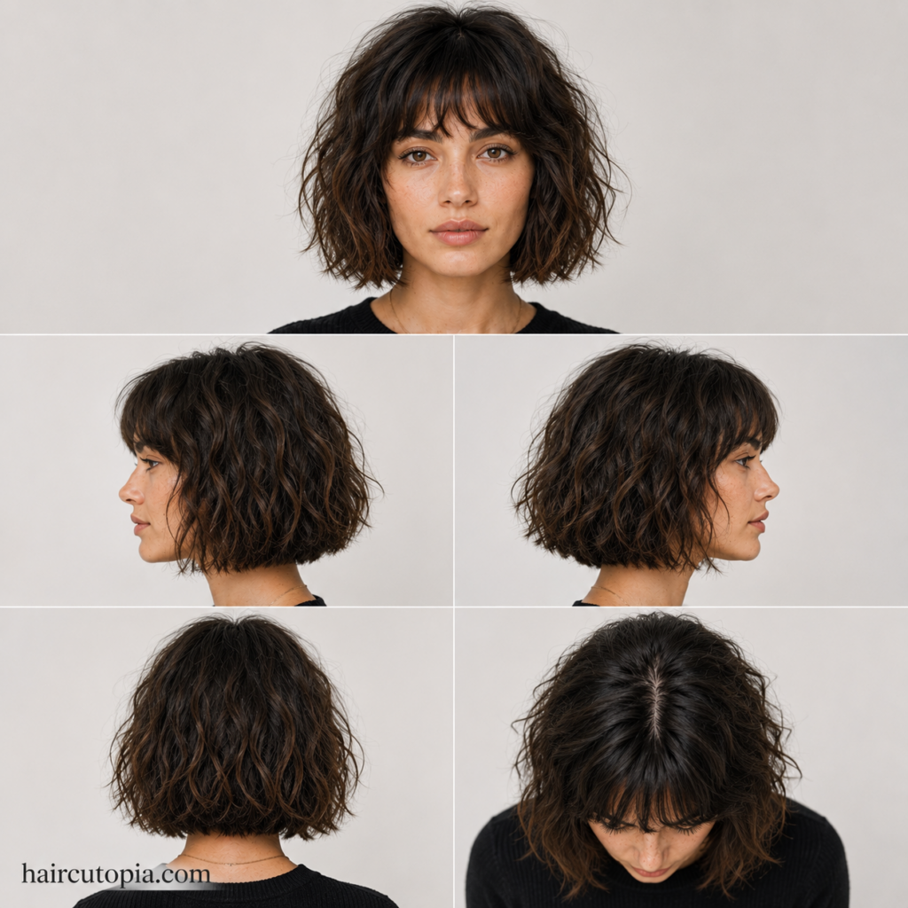 French bob for frizzy hair shown from front, side, back, and top views
