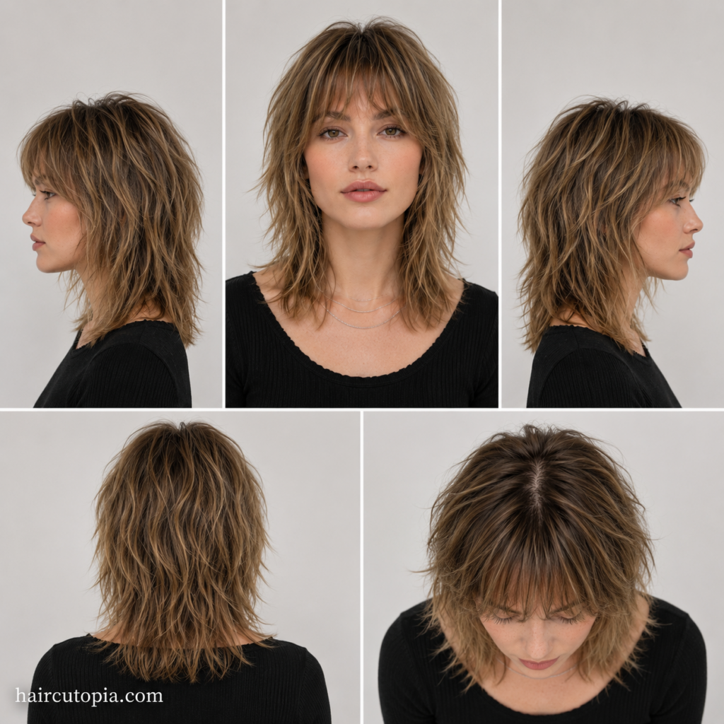 Five-angle view of a layered shag haircut for fine hair showing the front, left side, right side, back, and top