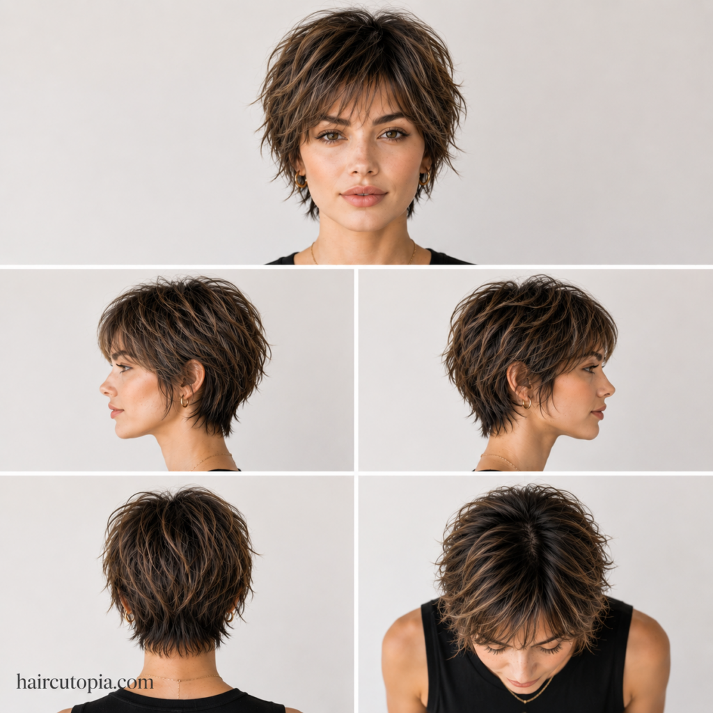 Front, side, back, and top views of a textured bixie haircut designed to flatter heart-shaped faces.