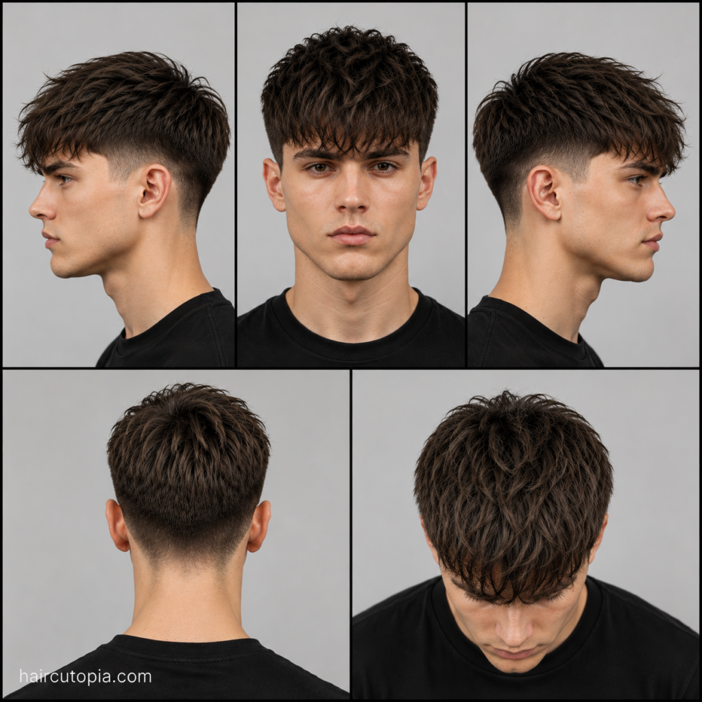 Five-view collage of a modern fringe haircut for heart-shaped faces showing the front, left side, right side, back, and top views.