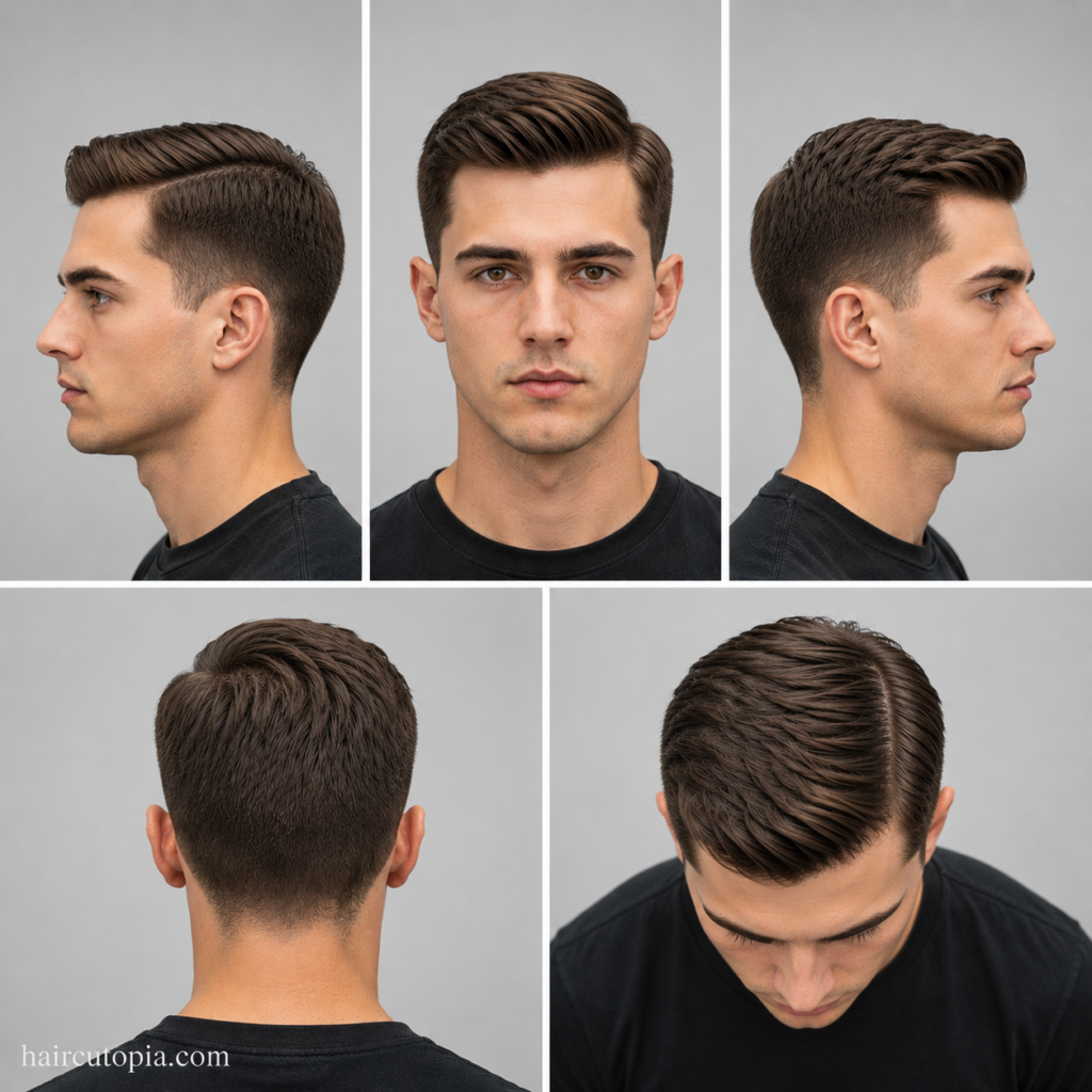 Five-view collage of a modern Ivy League haircut showing the front, left side, right side, back, and top views with a classic side part and tapered sides.
