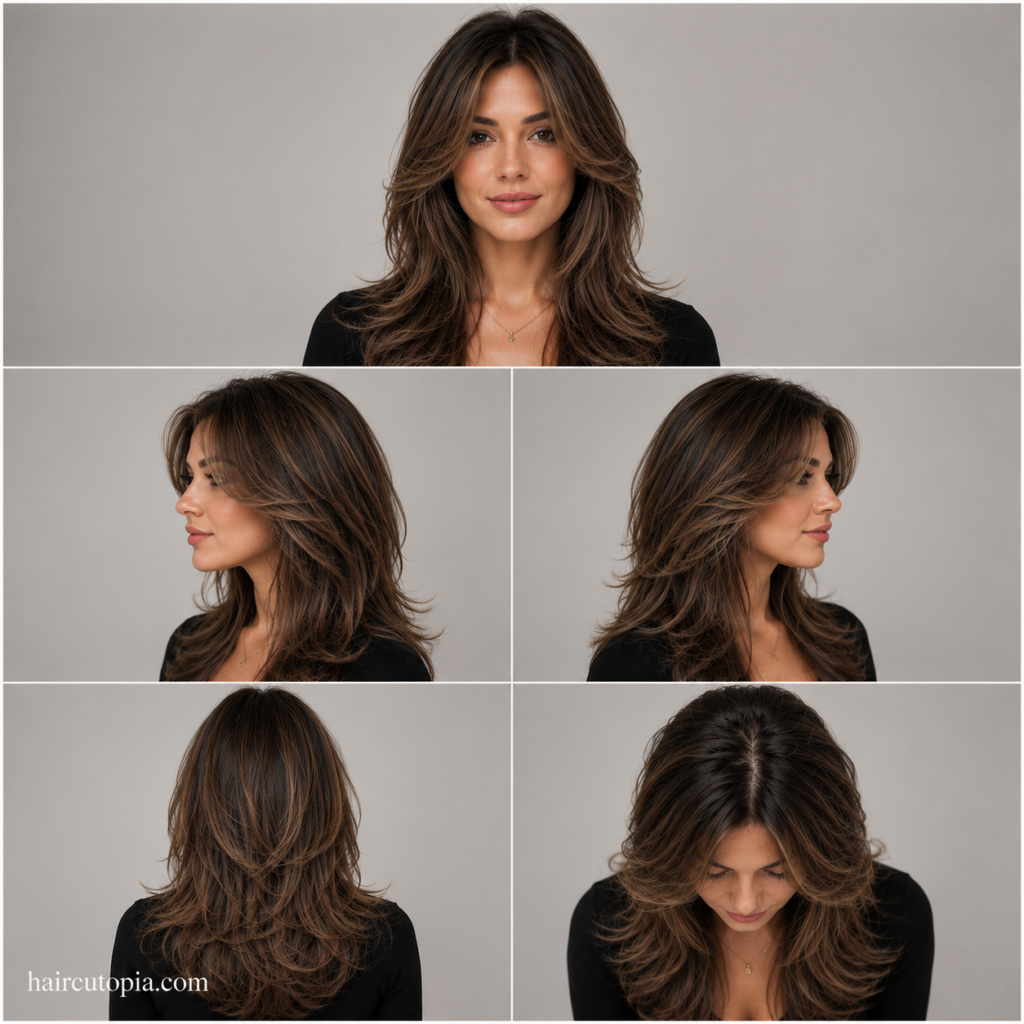 Five-view collage of a layered haircut for a diamond face showing the front, left side, right side, back, and top views.