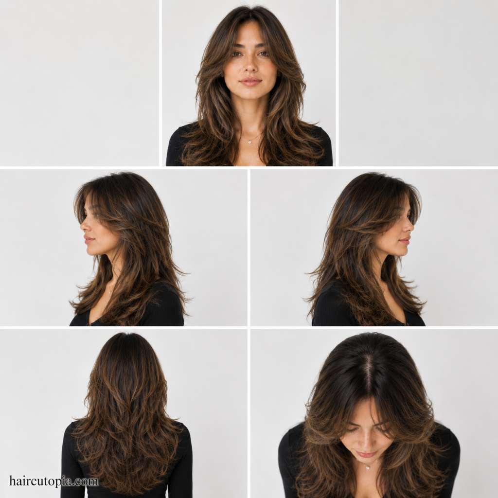 Layered haircut shown from front, left side, right side, back, and top views
