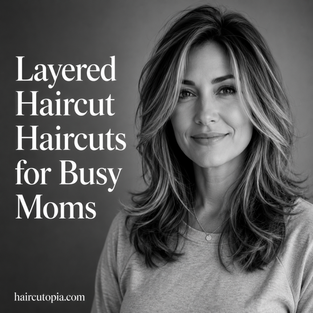 Busy mom with a modern layered haircut in a black-and-white editorial portrait featuring soft blended layers and effortless volume.