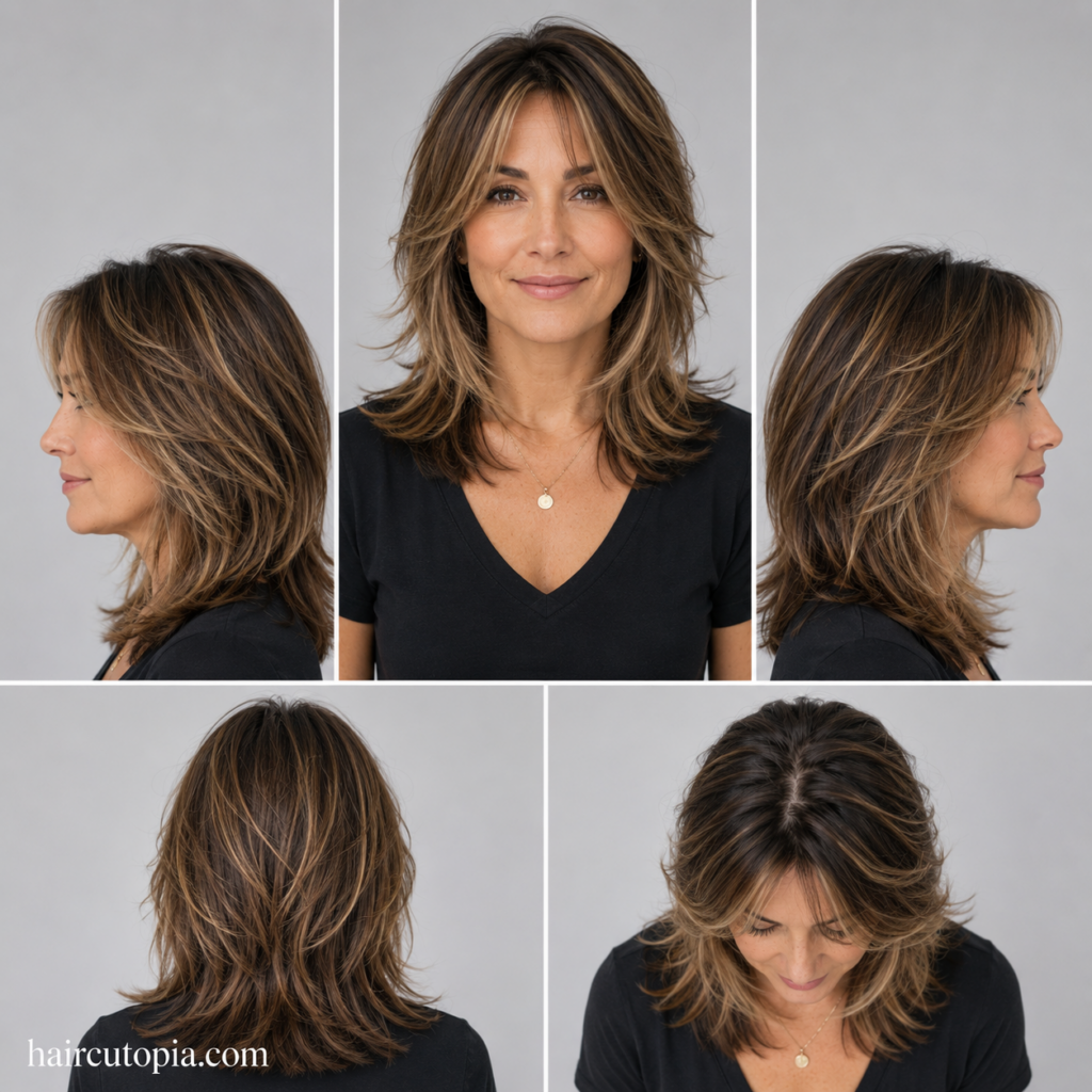 Five-panel collage showing a layered haircut for busy moms from the front, left side, right side, back, and top views.