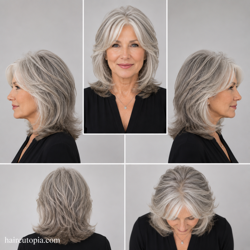 Five-panel collage showing a layered haircut for older women from the front, left side, right side, back, and top views.