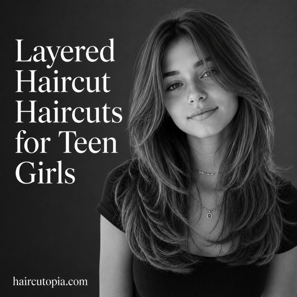 Teen girl with a modern layered haircut in a black-and-white editorial portrait featuring soft face-framing layers and natural movement.
