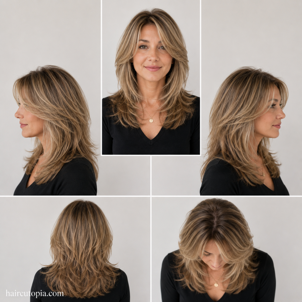 Five-panel collage showing a layered haircut for women over 40 from the front, left side, right side, back, and top views.