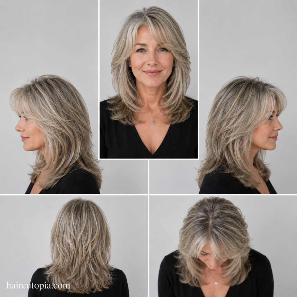 Five-panel collage showing a layered haircut for women over 50 from the front, left side, right side, back, and top views.