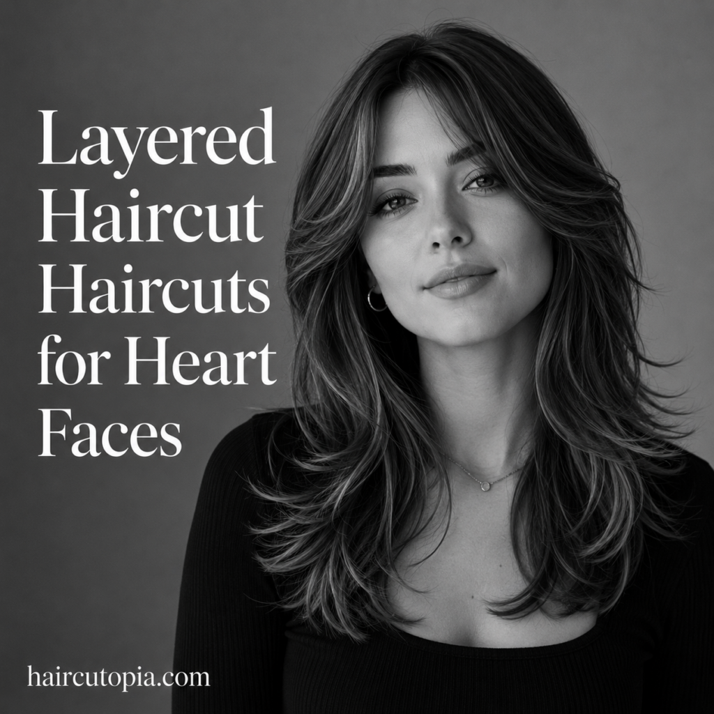 Woman with a layered haircut styled to complement a heart-shaped face in a black-and-white editorial portrait.