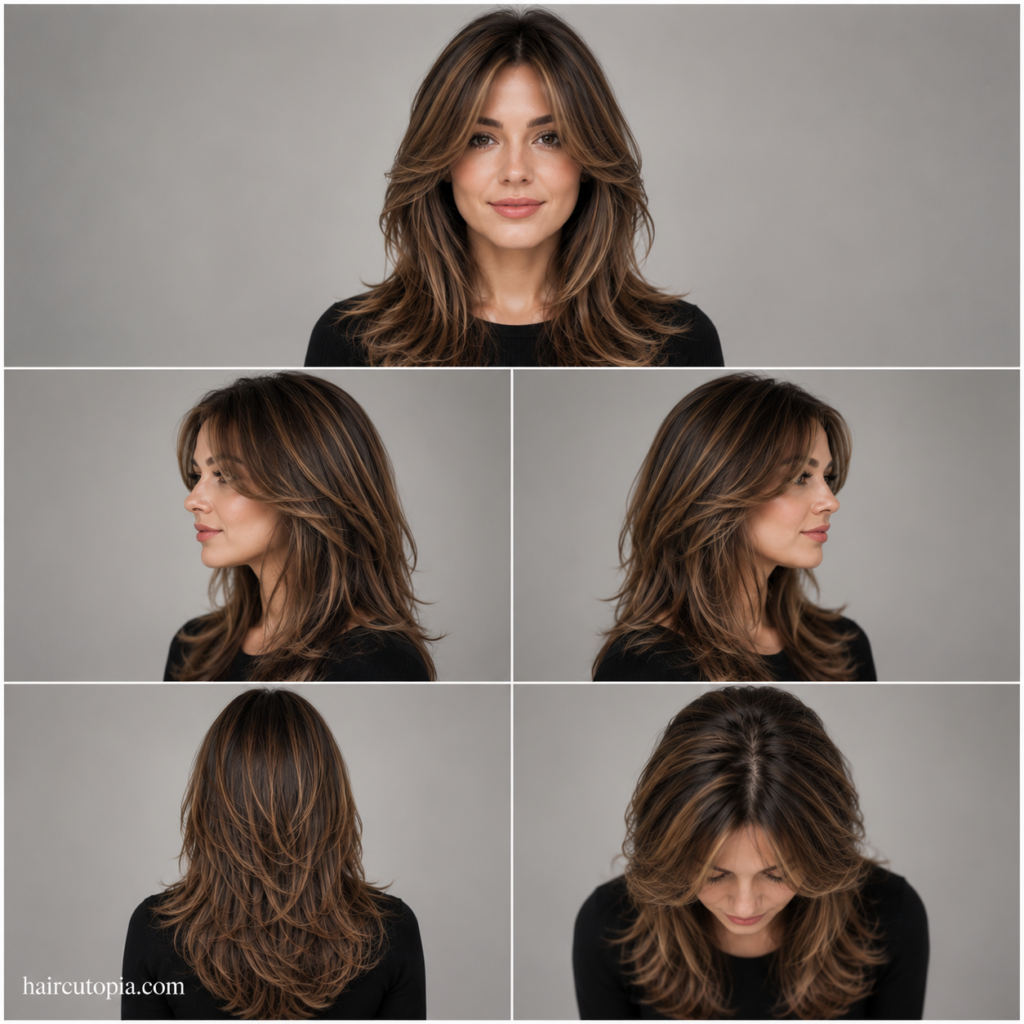 Five-view collage of a layered haircut for a heart-shaped face showing the front, left side, right side, back, and top views.