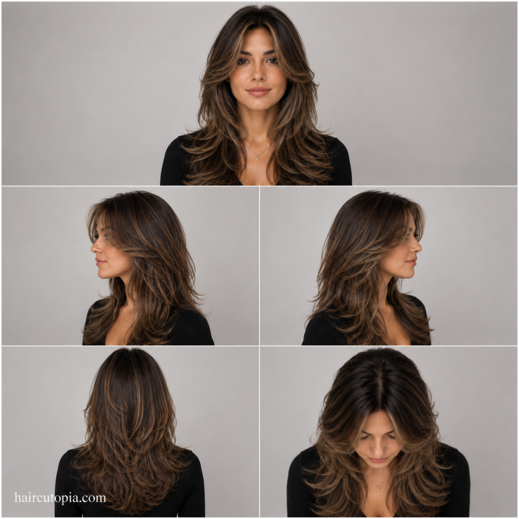 Five-view collage of a layered haircut for a long face showing the front, left side, right side, back, and top views.