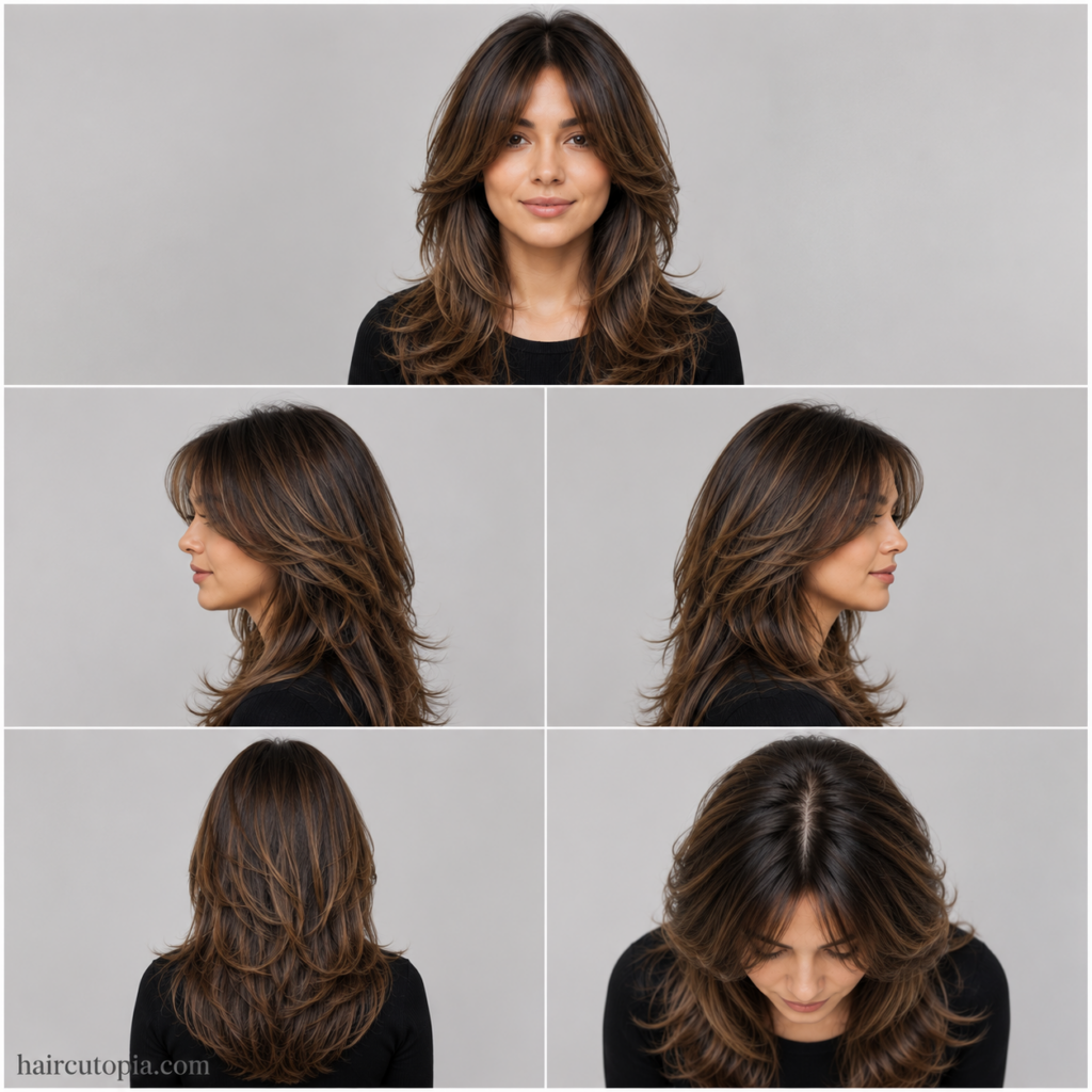Five-view collage of a layered haircut for an oval face showing the front, left side, right side, back, and top views.