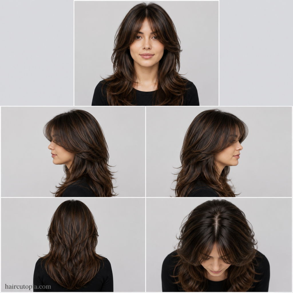 Five-view collage of a layered haircut for a round face showing the front, left side, right side, back, and top views.