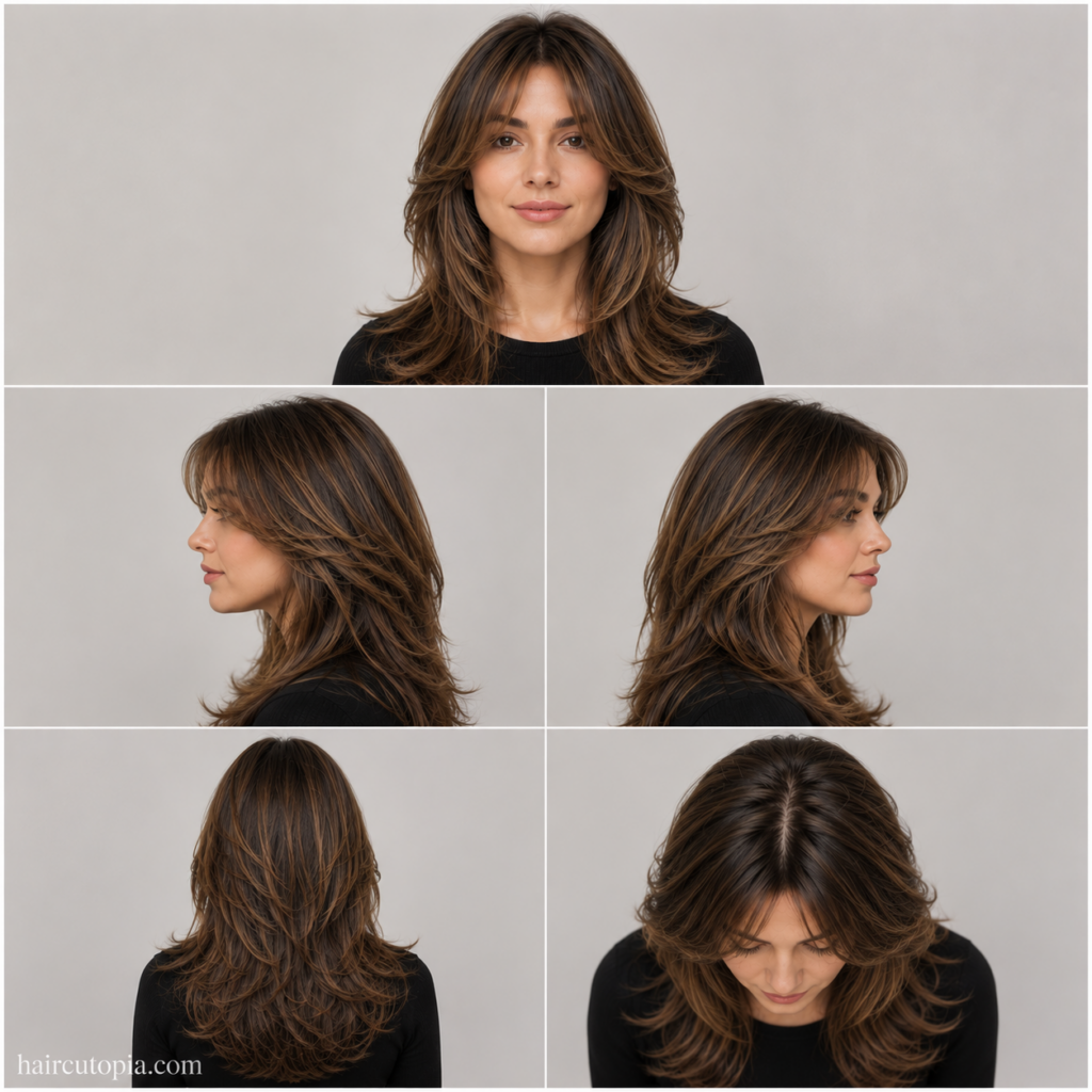 Five-view collage of a layered haircut for a square face showing the front, left side, right side, back, and top views.