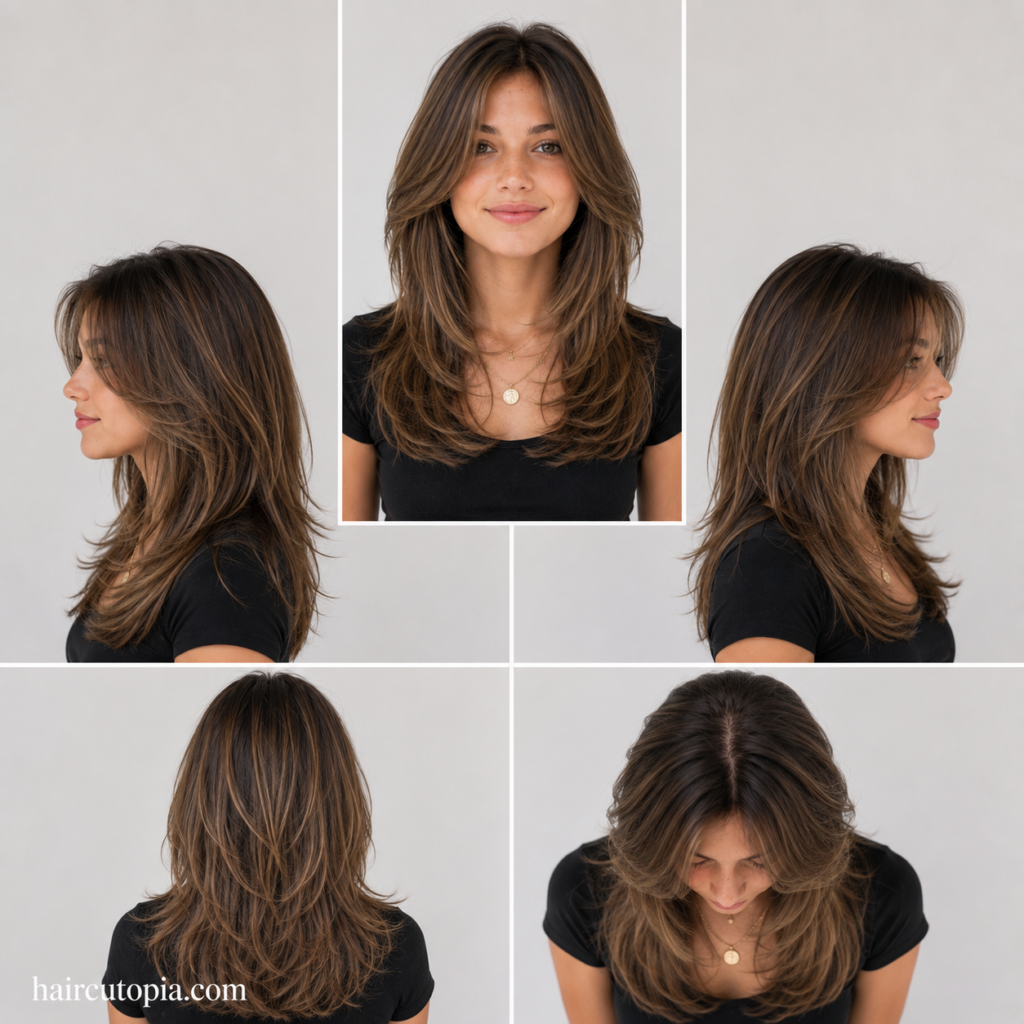 Five-panel collage showing a layered haircut for teen girls from the front, left side, right side, back, and top views.