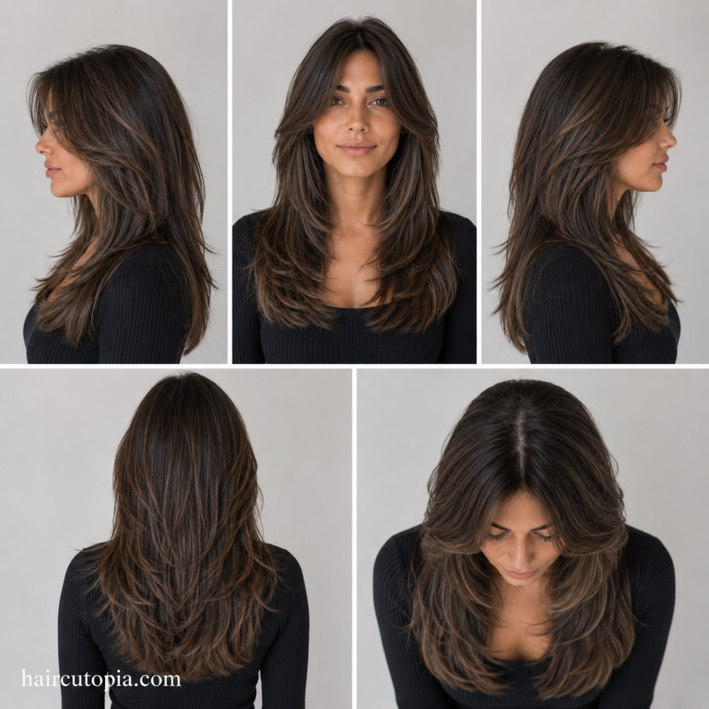 Five-view collage of a layered haircut for coarse hair showing the front, left side, right side, back, and bird's-eye views with soft blended layers.