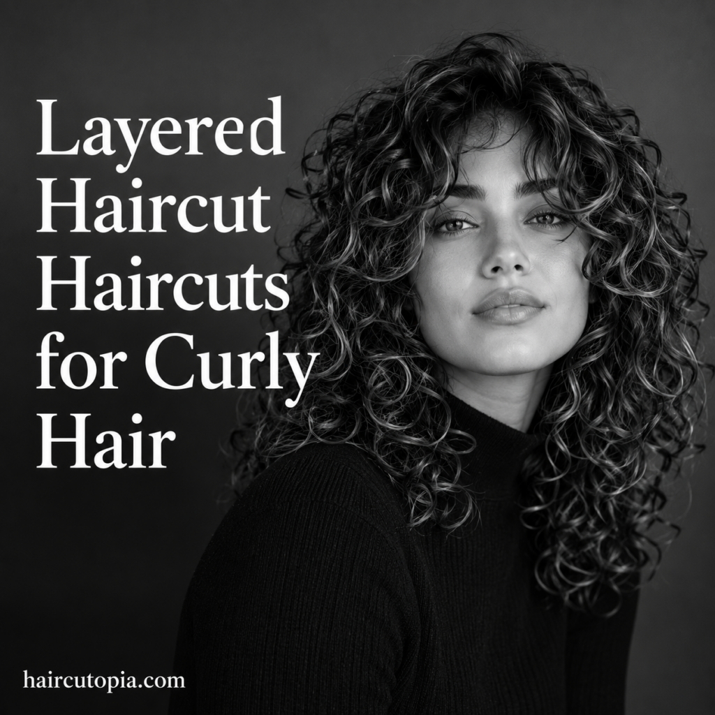 Woman with a layered haircut for curly hair featuring defined natural curls in a black and white editorial portrait.