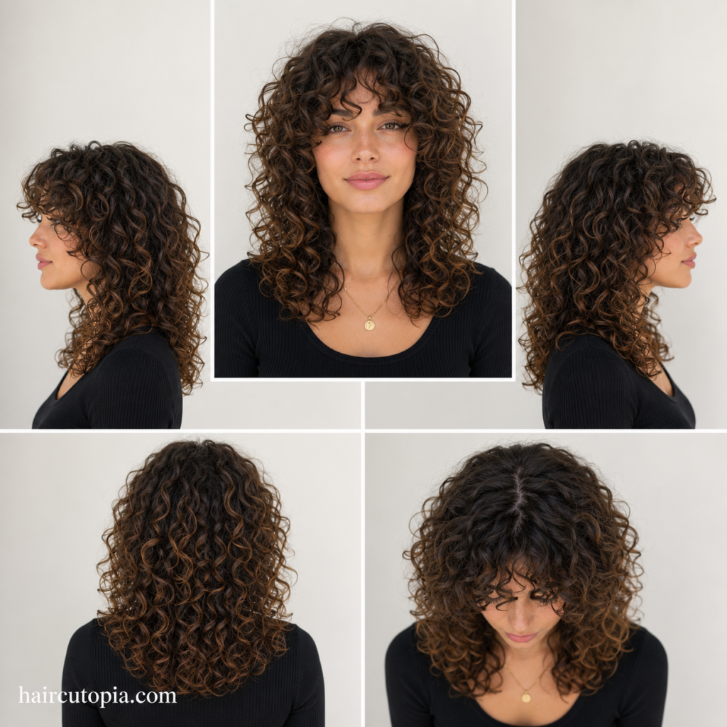 Five-view collage of a layered haircut for curly hair showing the front, left side, right side, back, and bird's-eye views with defined natural curls.