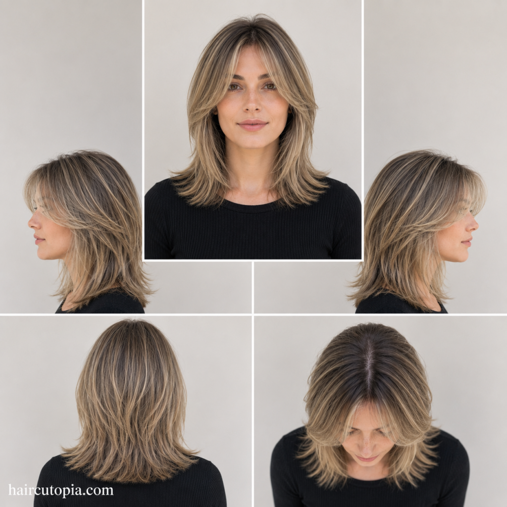Five-view collage of a layered haircut for fine hair showing the front, left side, right side, back, and bird's-eye views with soft feathered layers.