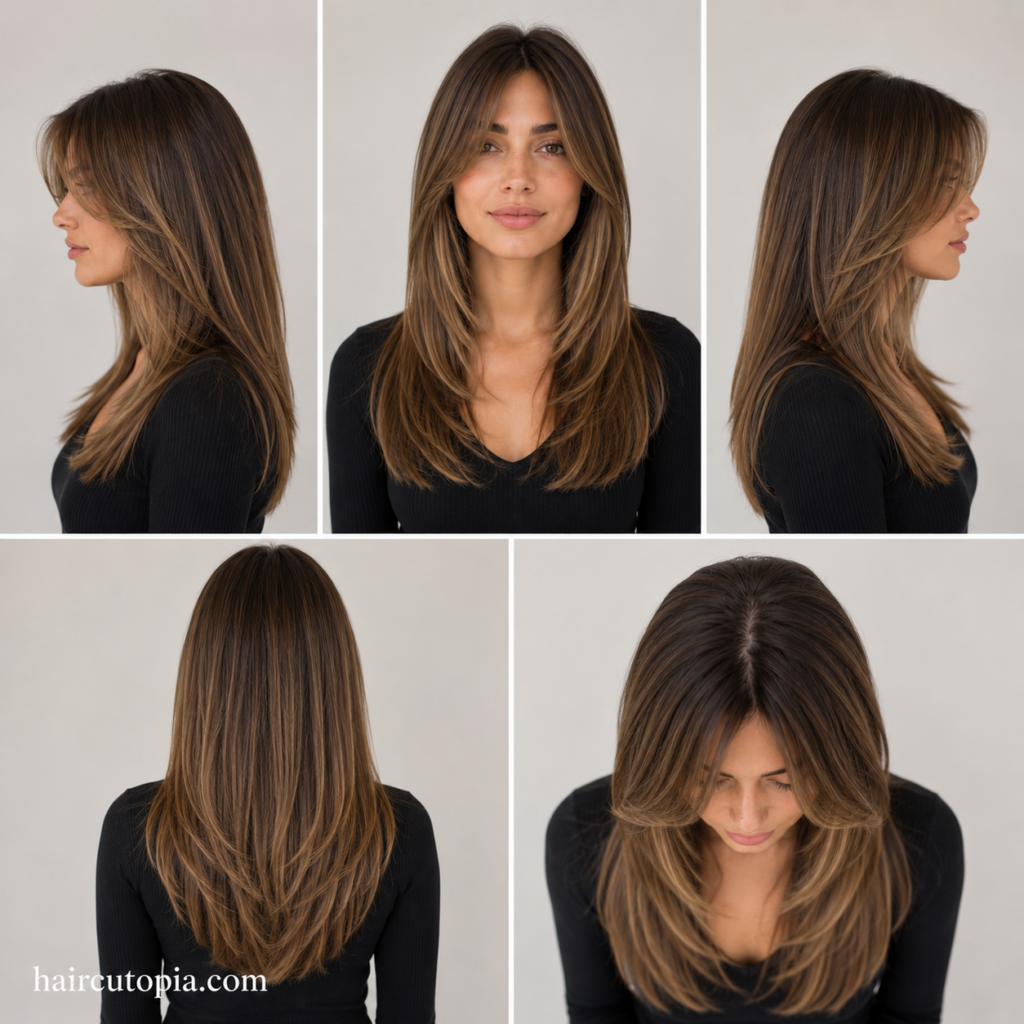 Five-view collage of a layered haircut for straight hair showing the front, left side, right side, back, and bird's-eye views with sleek blended layers.