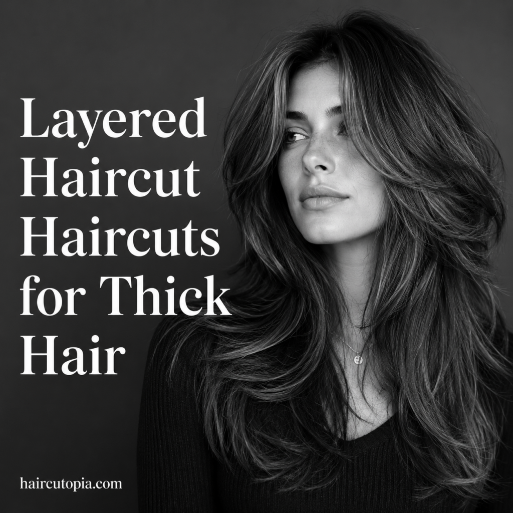 Woman with a layered haircut for thick hair featuring long face-framing layers in a black and white editorial portrait.