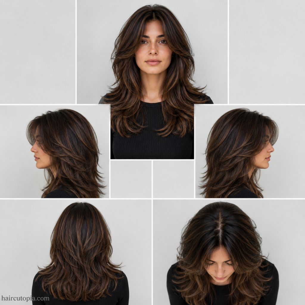 Five-view collage of a layered haircut for thick hair showing the front, left side, right side, back, and top views.