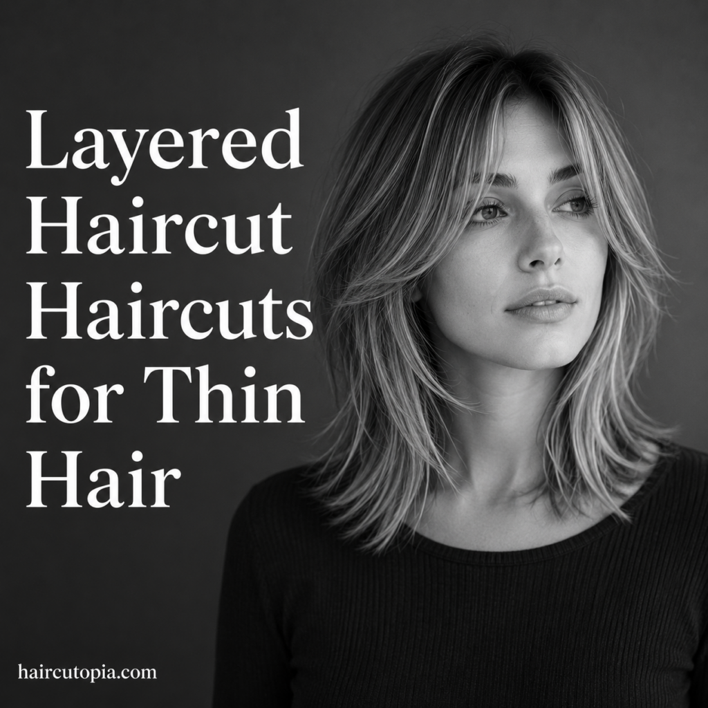 Woman with a layered haircut for thin hair featuring soft face-framing layers and added volume in a black and white editorial portrait.