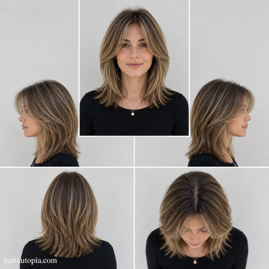 Five-view collage of a layered haircut for thin hair showing the front, left side, right side, back, and bird's-eye views with soft textured layers.