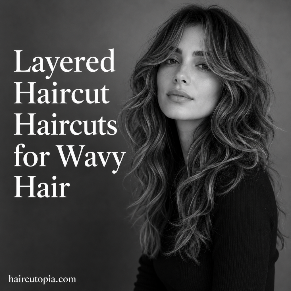 Woman with a layered haircut for wavy hair featuring soft natural waves in a black and white editorial portrait.