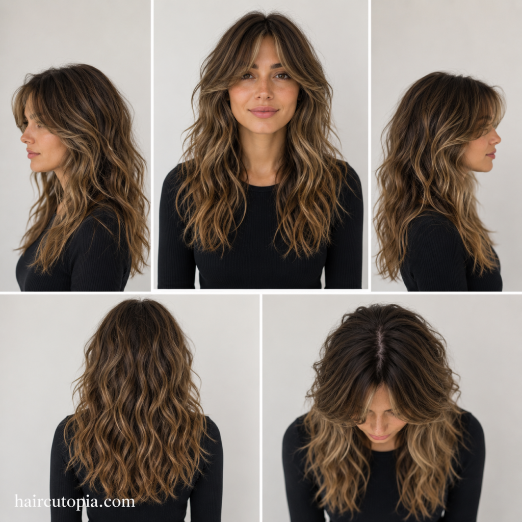 Five-view collage of a layered haircut for wavy hair showing the front, left side, right side, back, and bird's-eye views with soft natural waves.