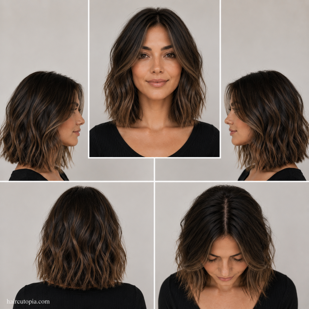 Five-panel collage showing a modern lob haircut for a diamond-shaped face from the front, left side, right side, back, and top views.
