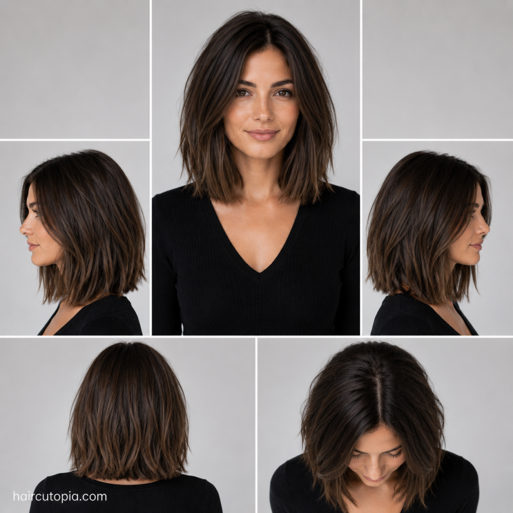 Five-view collage of a layered lob haircut for coarse hair showing the front, left side, right side, back, and top views.