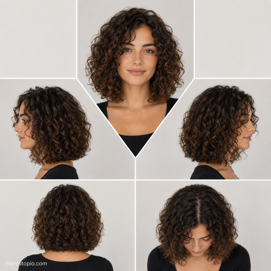 Five-view collage of a layered curly lob haircut showing the front, left side, right side, back, and top views.