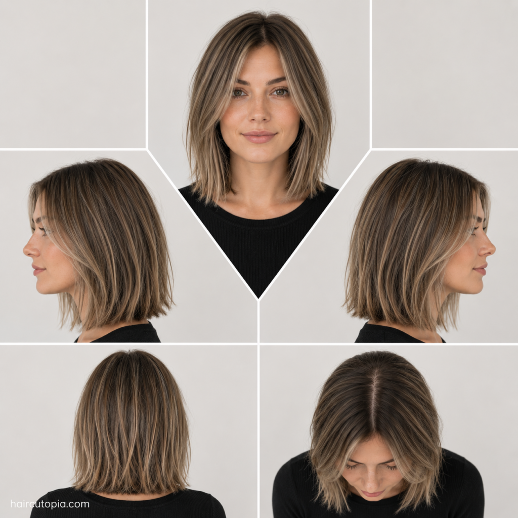 Five-view collage of a textured lob haircut for fine hair showing the front, left side, right side, back, and top views.