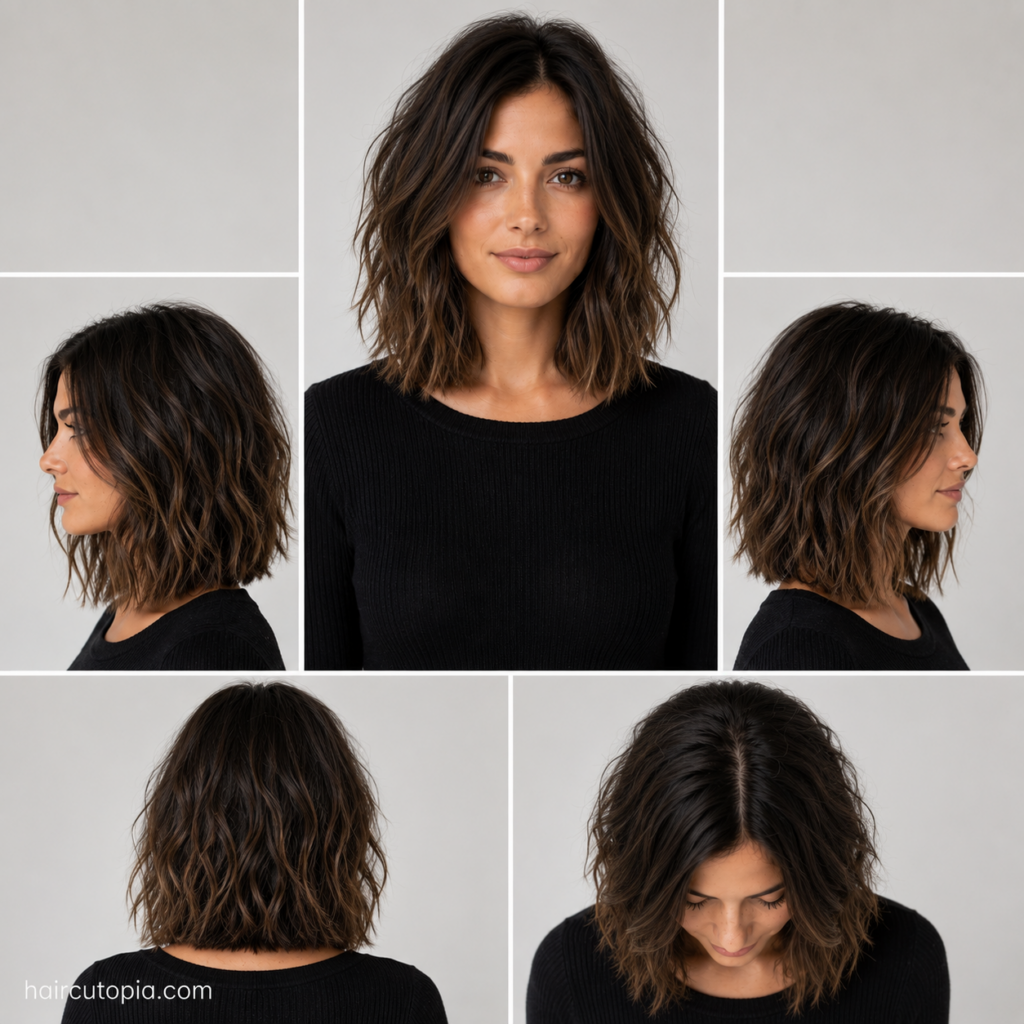 Five-view collage of a layered lob haircut for frizzy hair showing the front, left side, right side, back, and top views.